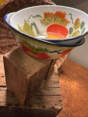Hand-Painted Fruit Enamel Bowl in Yellow and Orange